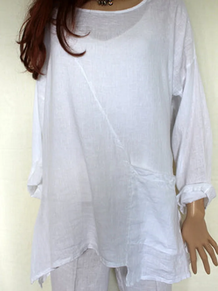 Womens Round Neck Pocket Long Sleeve Loose Shirt