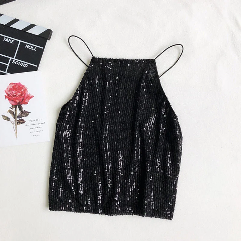 Camisole Tank Top Sequins Solid Women Summer Basic Leisure Streetwear Night Club Sexy Crop Tops Womens Camis Stylish All-match
