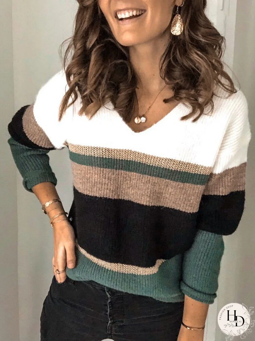 V-neck Contrast Color Long Sleeve Casual Sweater For Women