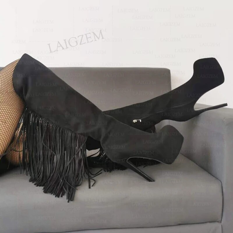 VCSHOES Knee High Boots Tassel Side Zipper Round Toe Thin High Heels Boots Ladies Shoes Woman Big Size 41 43 45 52