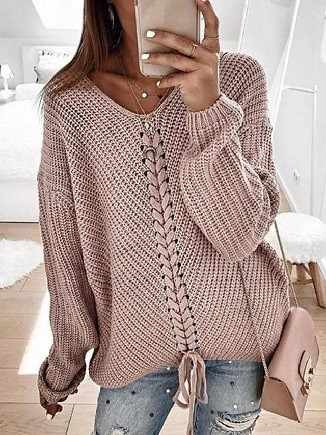 Women's Casual Knitted Solid Colored Pullover Long Sleeve Sweater Cardigans V Neck Spring Fall Black Red Yellow | IFYHOME