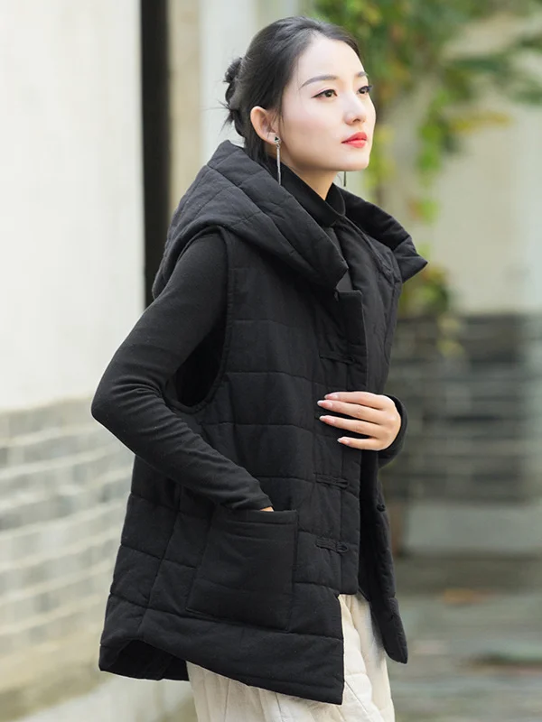 Simple Sleeveless Loose Keep Warm Cotton Quilted Solid Color Hooded Vest Outerwear