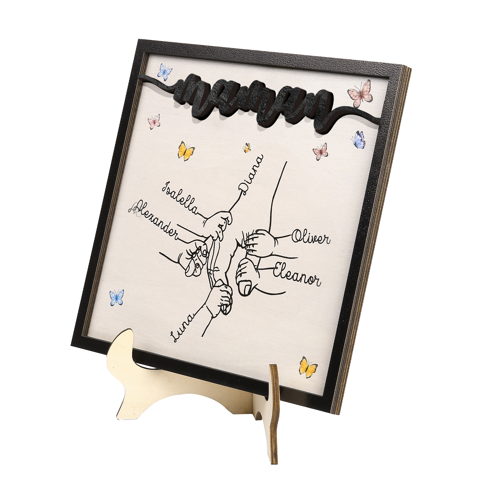 À ma Maman - Décoration en bois la Main dans la Main 6 Prénoms Personnalisés Ornement Famille