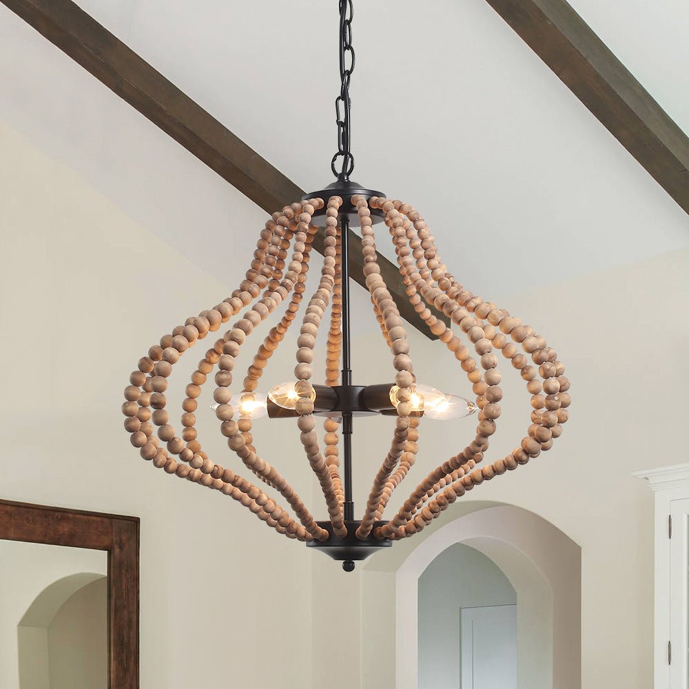 5-Light Bohemian Rustic Wood Bead Cage Pendant Light?