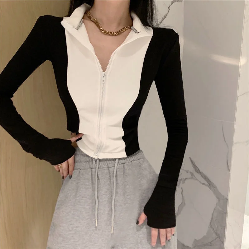 ZCSMLL Spring new Korean fake two piece design color contrast zipper T-shirt women&#39;s slim long sleeve bottomed shirt chic top