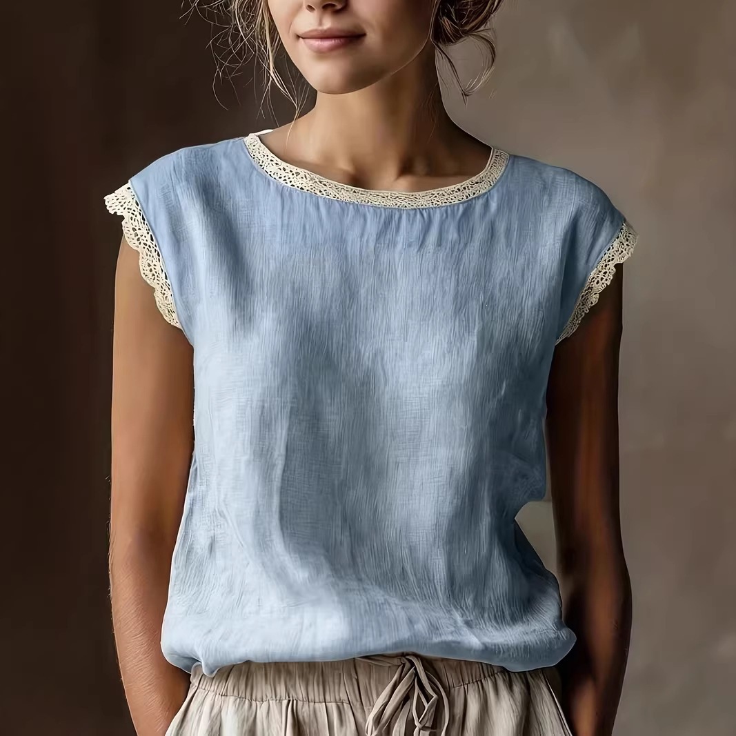 Solid Lace Trim Sleeveless Blouse