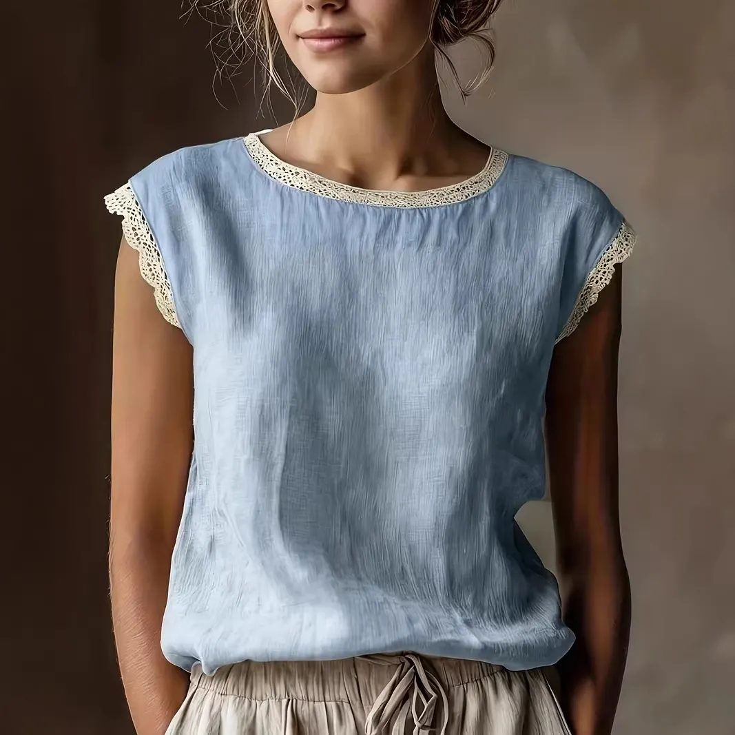 Solid Lace Trim Sleeveless Blouse