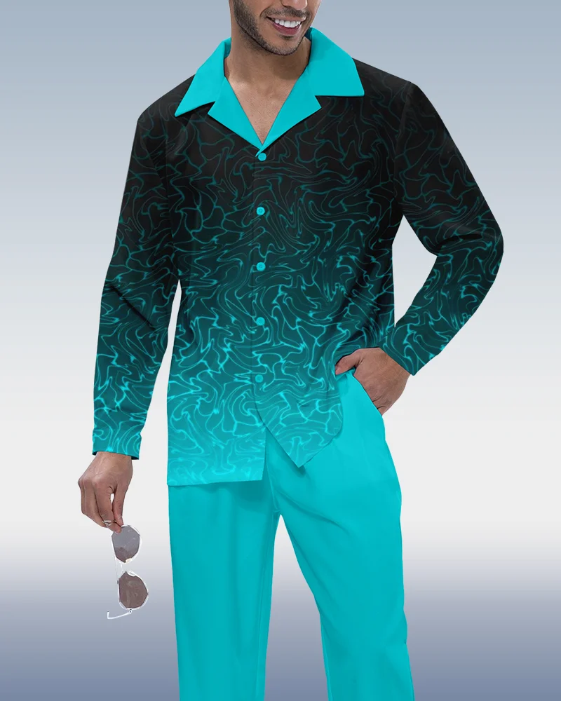 Suitmens Men's Gradient Print Long Sleeve Shirt Walking Suit 322