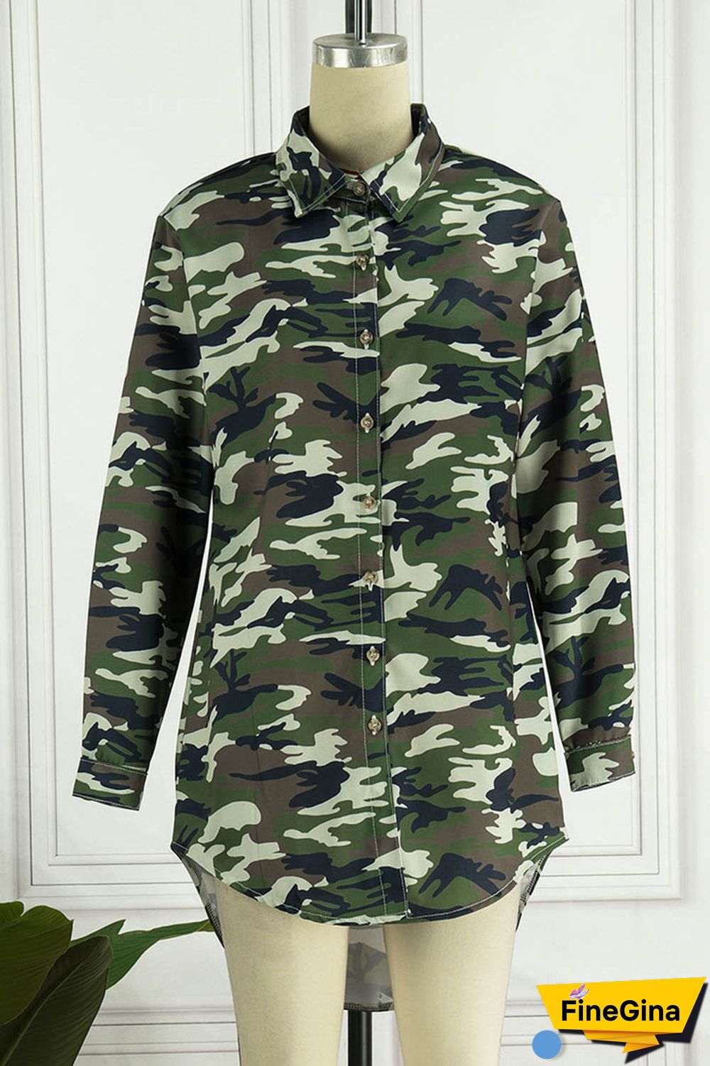 Camouflage Casual Camouflage Print Patchwork Turndown Collar Shirt Dress Dresses