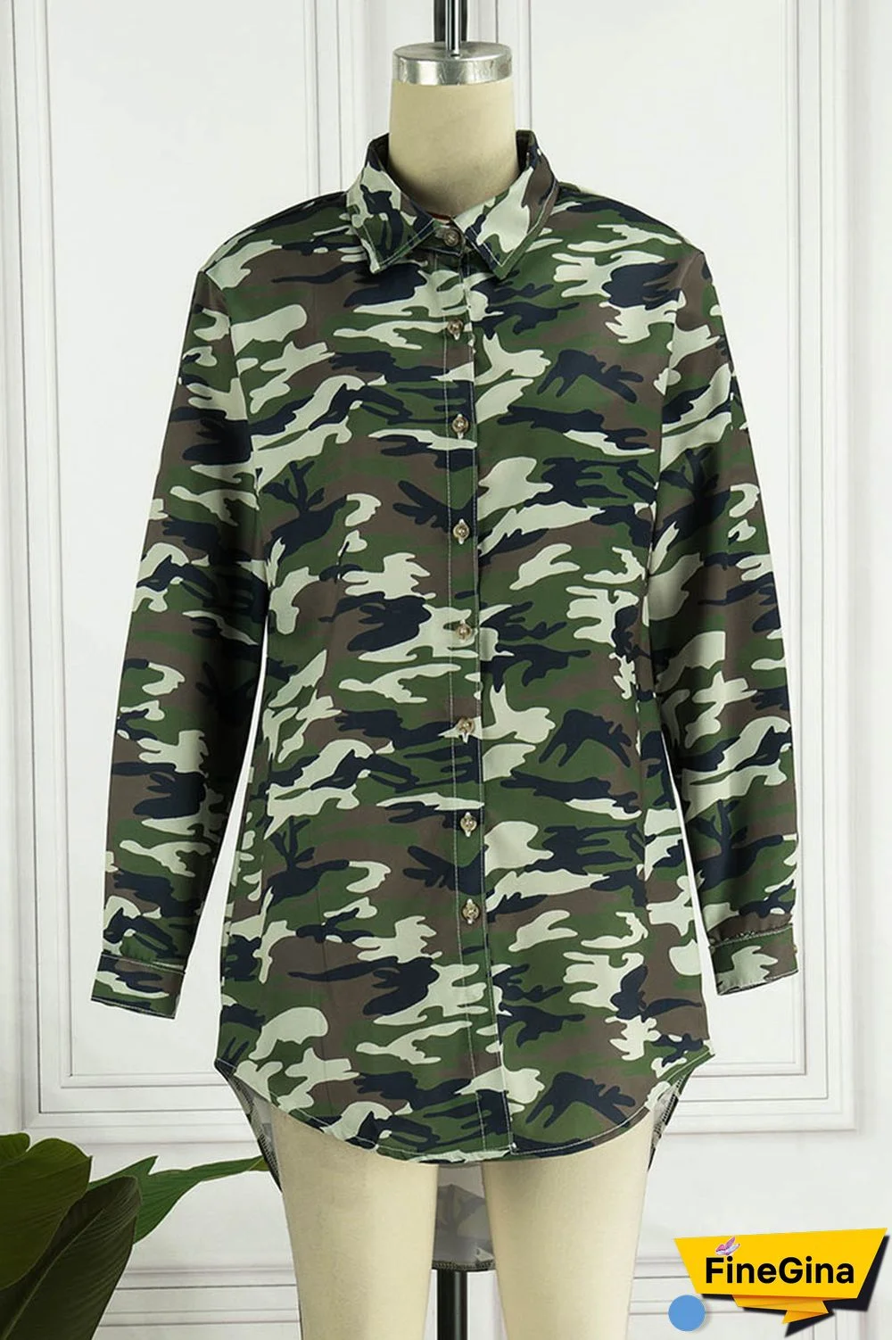 Camouflage Casual Camouflage Print Patchwork Turndown Collar Shirt Dress Dresses