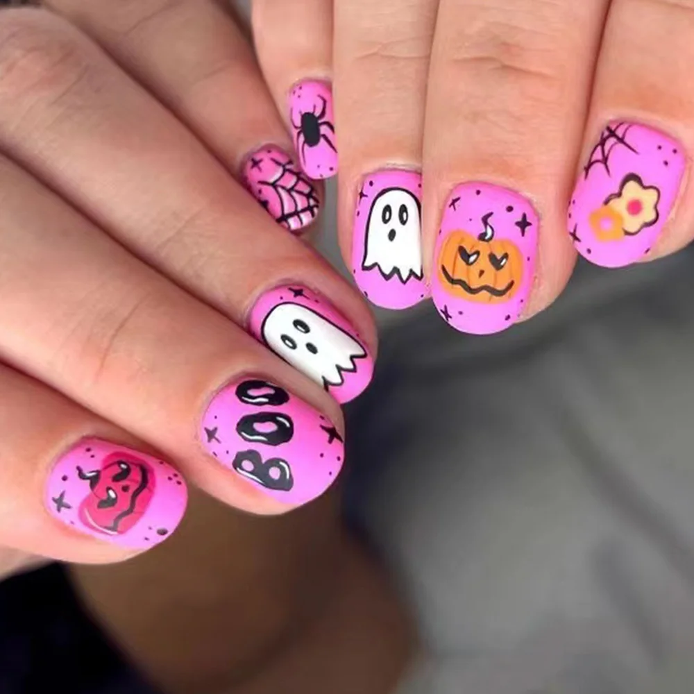 Churchf Churchf Short Square Armour Pink Frosted Pumpkin Ghost Halloween Element Fake Nail Finished Wear Armor Holiday Nail