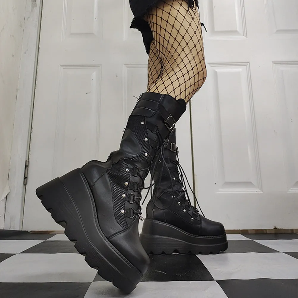BONJOMARISA Brand Goth Platform High Wedges Buckle Zipper Women Boots Punk Cool Street Thick Heel Shoeslace Autumn Ladies Shoes