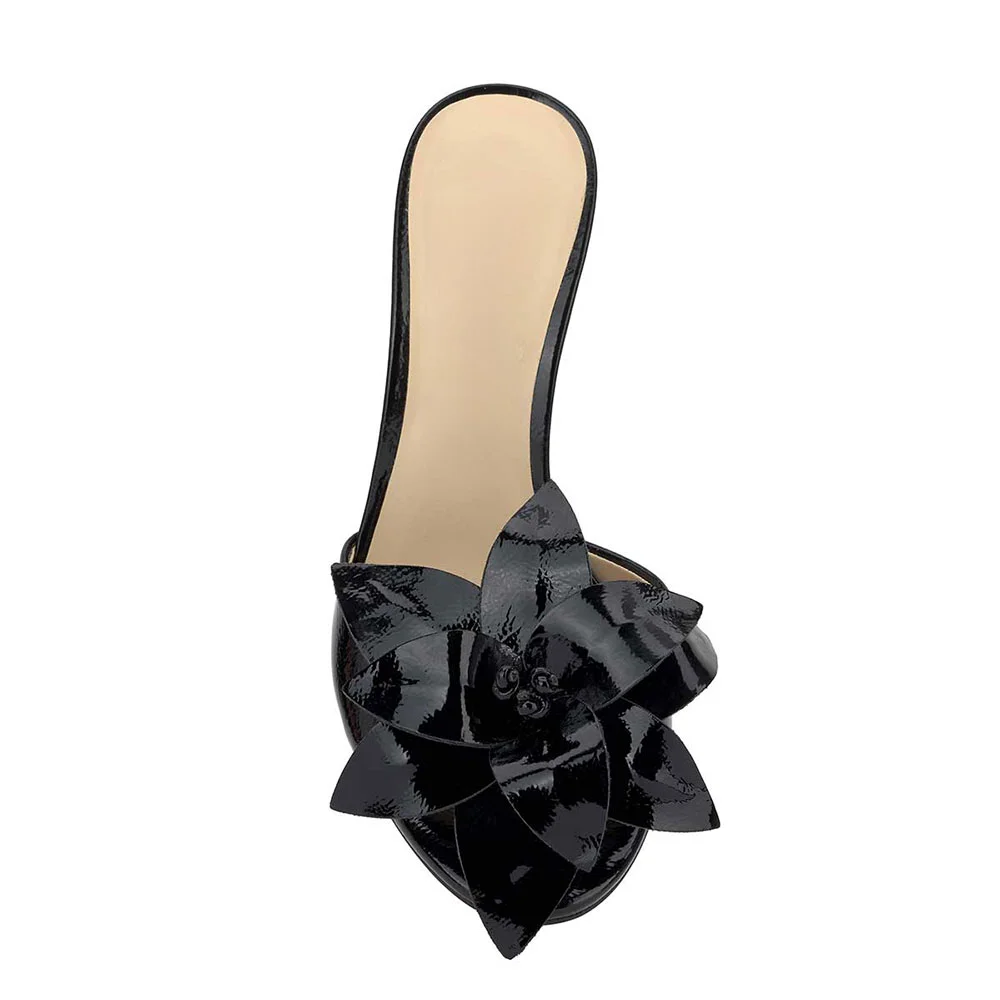 Black Patent Leather Flower Decor Open Toe Stiletto Heel Slide Sandals