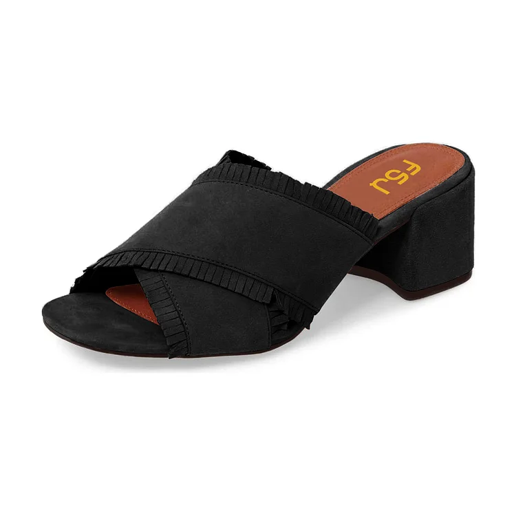 Women's Black Vegan Suede Peep Toe Mule Fringe Block Heel Sandals |FSJ Shoes