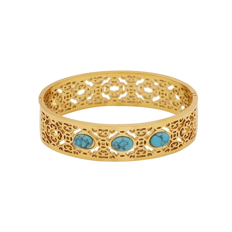 Vintage Style Minimalist Irregular 304 Stainless Steel 18K Gold Plated Turquoise Bangle In Bulk