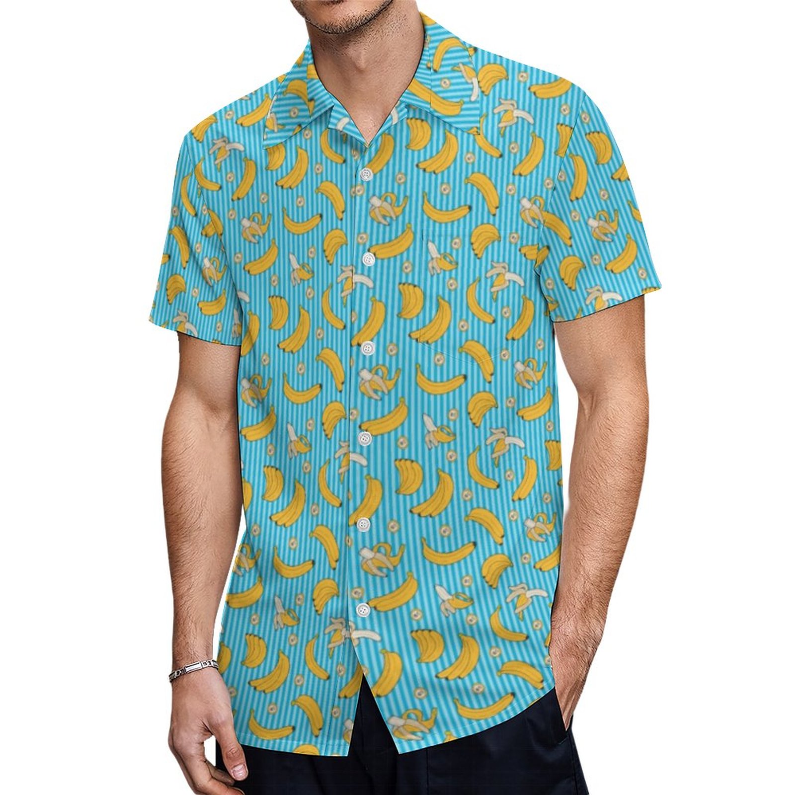 Banana Stripe Vector Pattern Turquoise Blue Hawaiian Shirt Mens Button Down Tropical Hawaii Beach Shirts