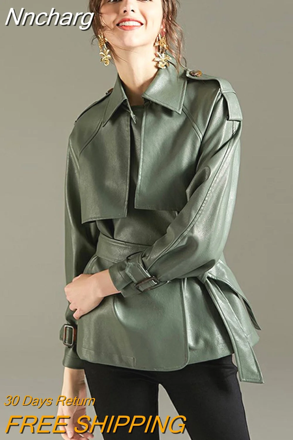 Nncharge 2023 Spring Autumn Lapel Faux Leather Jacket Women Green PU Coat Simplicity Loose Jackets Office Lady Outwear with Belt