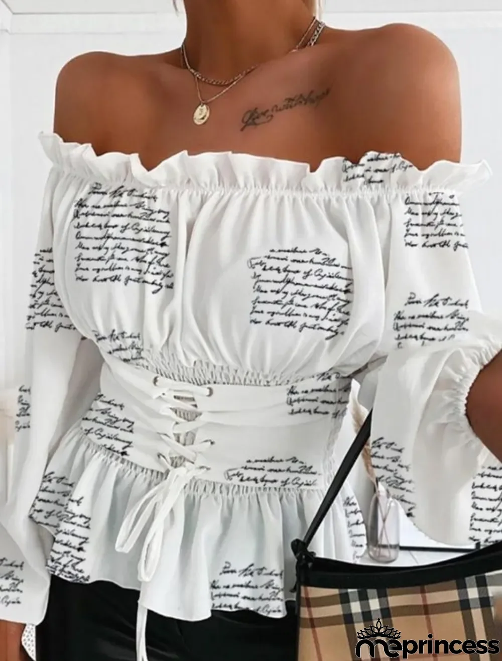 Autumn Off Shoulder Print White Lace Up Peplum Top