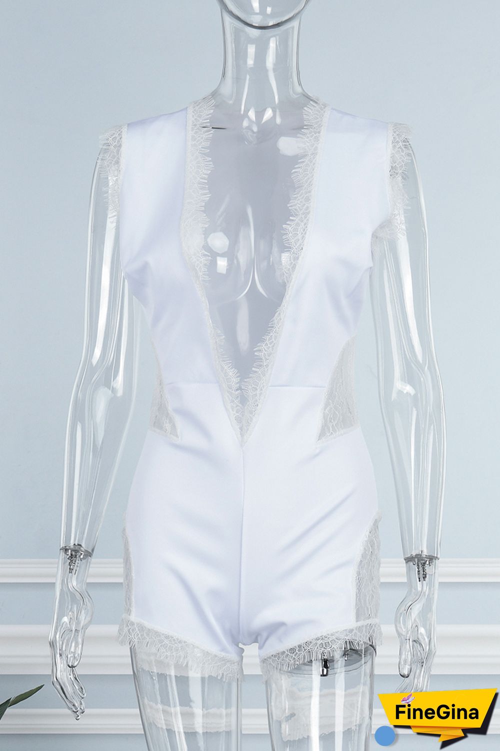 White Sexy Casual Solid Lace Patchwork V Neck Regular Jumpsuits