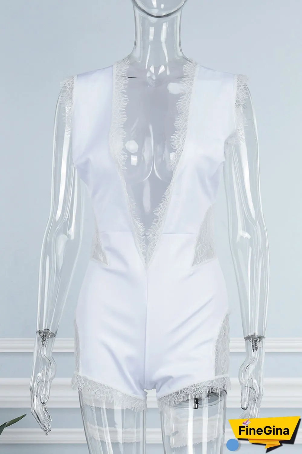 White Sexy Casual Solid Lace Patchwork V Neck Regular Jumpsuits