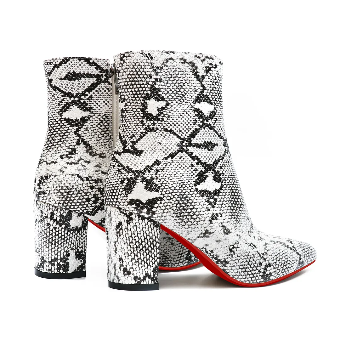 75mm Women's Zipper Pointed Toe Red Bottom Chunky Heel Ankle Boots-vocosishoes