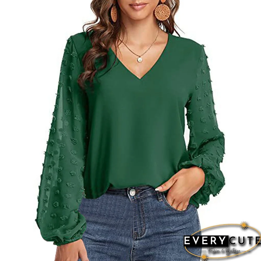 Green V Neck Splicing Swiss Dot Long Sleeve Blouse