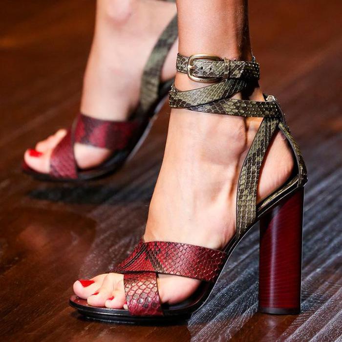 GOOSHOE Snake-Grain Pattern Straps Cross Ankle Wrap High Chunky Heels Sandals