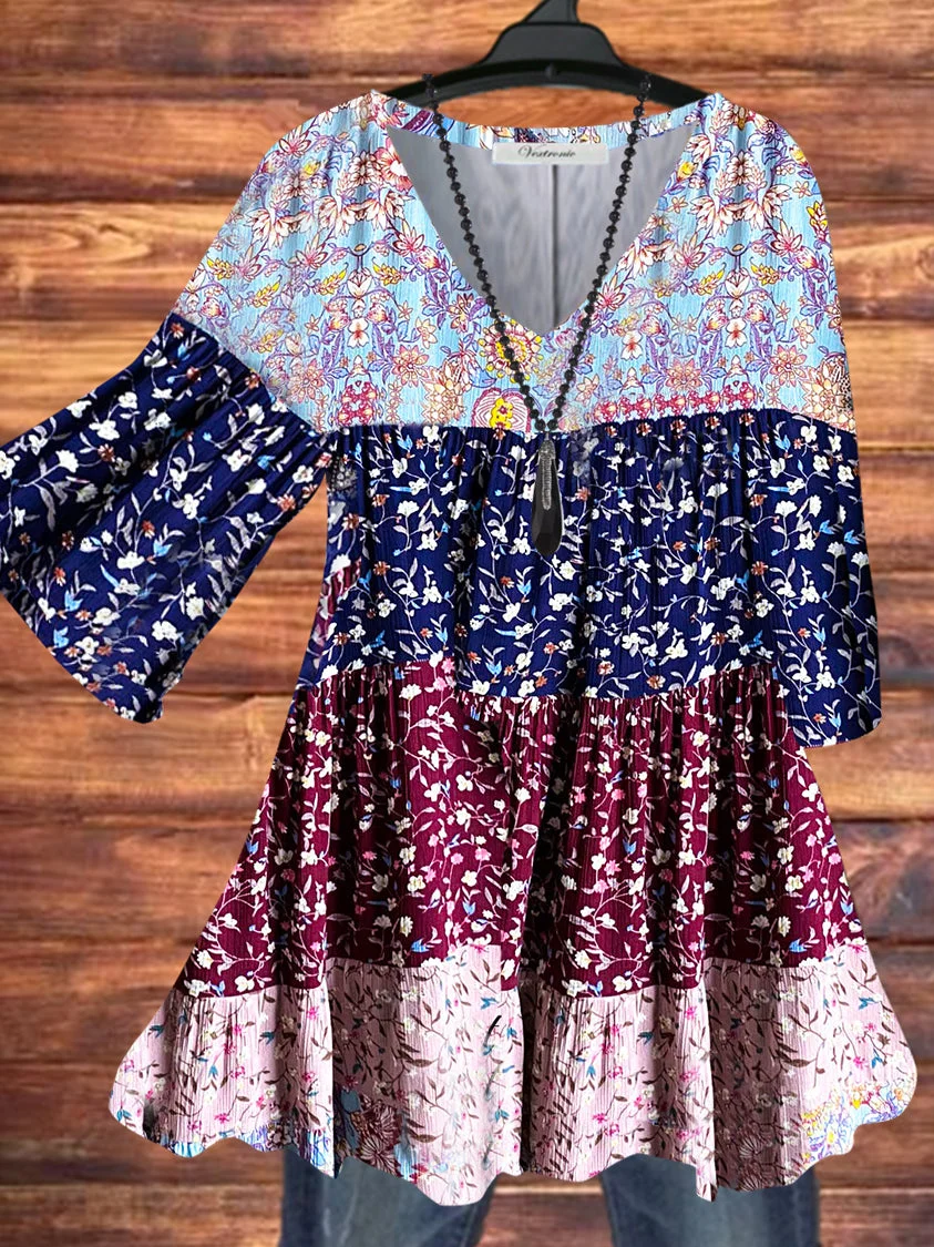 Women Half Sleeve V-neck Solid Color Dress