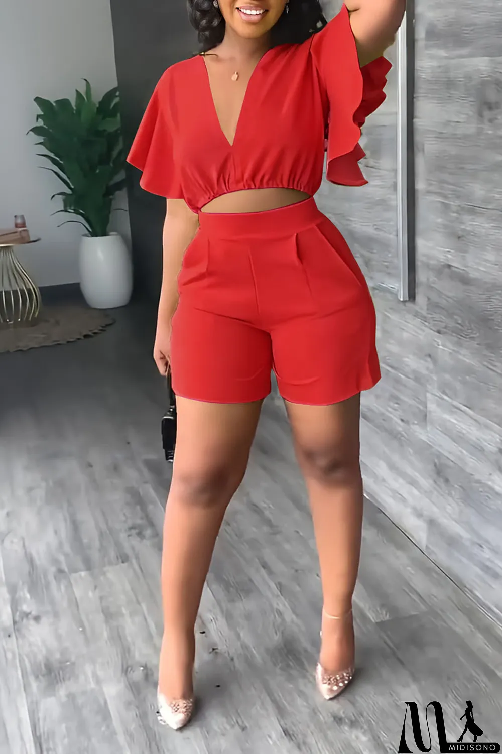 MidiSono - Yellow Casual Solid Patchwork Flounce V Neck Short Sleeve Two Pieces