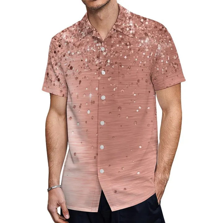 Rose Gold Brushed Metal Glitter Men's Tropical Print Hawaiian Beach Vacation Shirt
