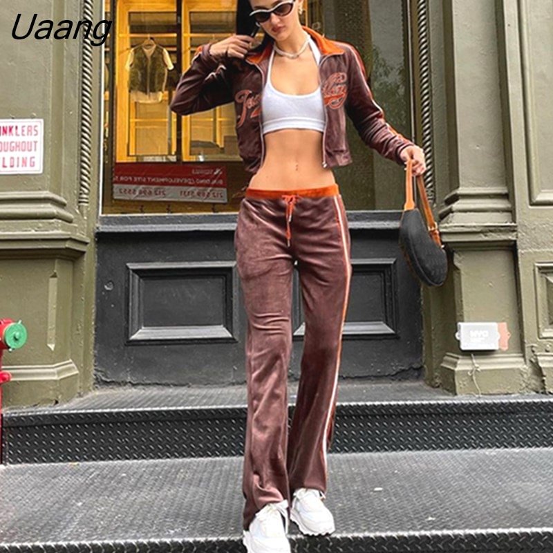 Uaang Tracksuit Letter Velvet Y2K Tops Sweatshirt+Straight Pants Two Piece Matching Suits Women Casual Activitywear Suits