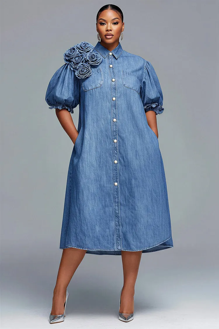 Xpluswear Design Plus Size Business Casual Light Blue Shirt Collar Puff Sleeve Short Sleeve 3D Pocket Tencel Denim Midi Dresses [Pre-Order] 2024 - Xpluswear
