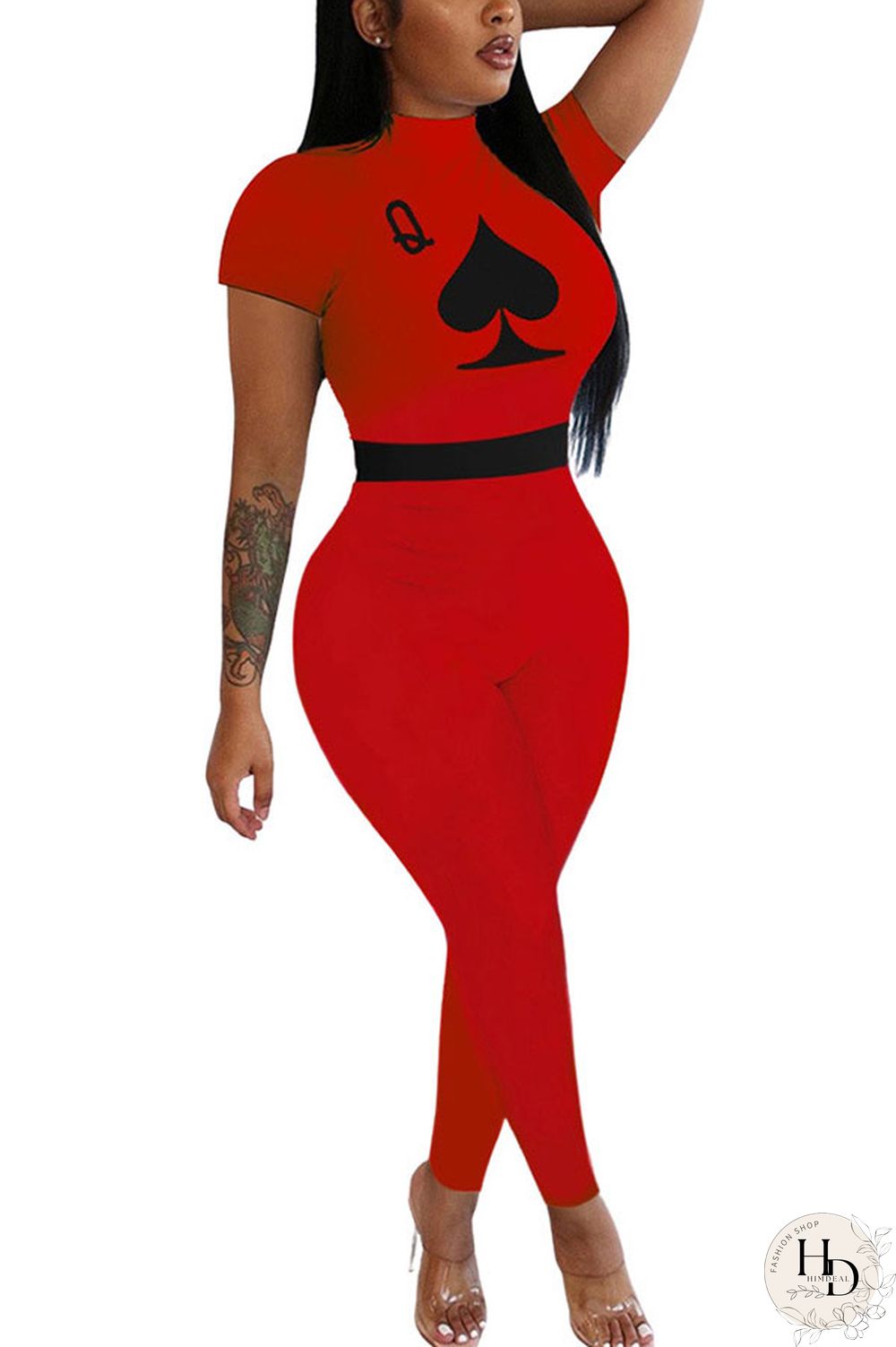 Red Fashion Sexy Print Polyester Short Sleeve O Neck Jumpsuits