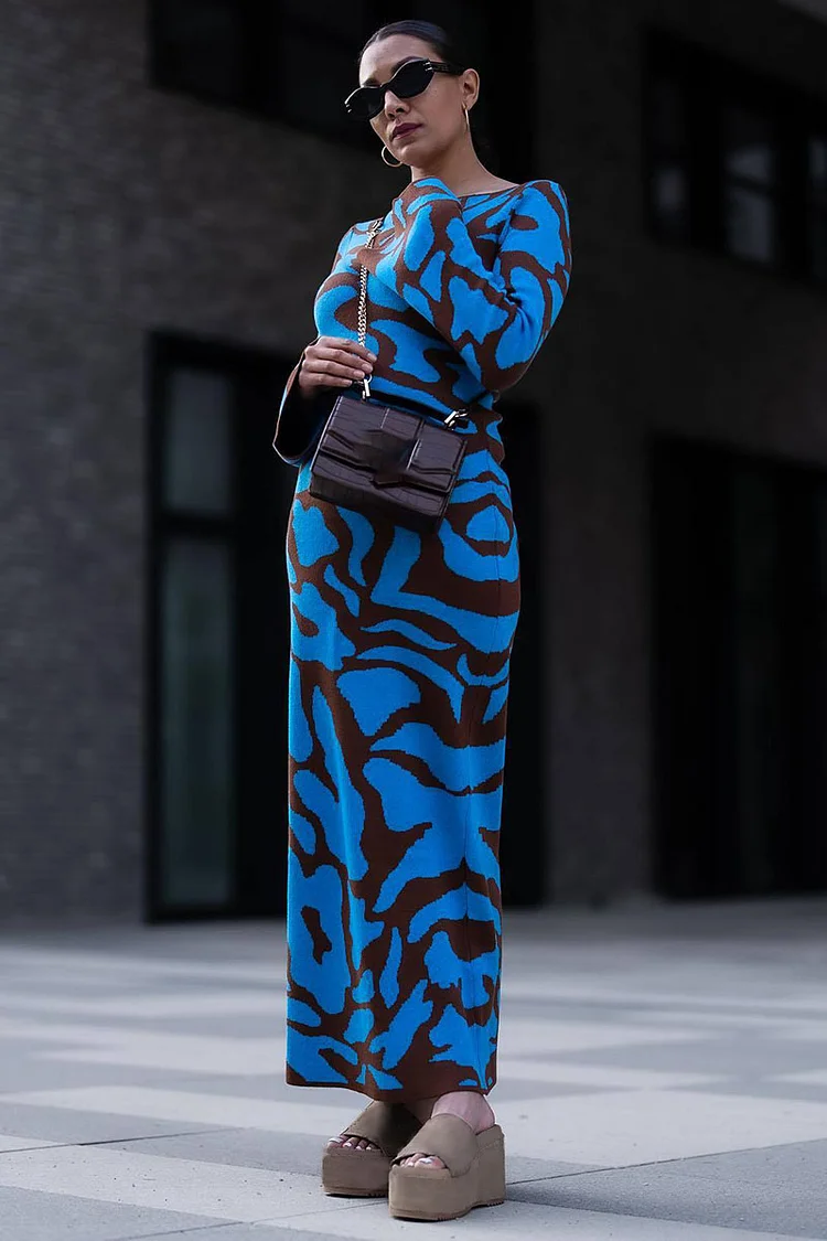 Pattern Print Round Neck Flared Sleeve Slim Fit Maxi Dresses - Blue