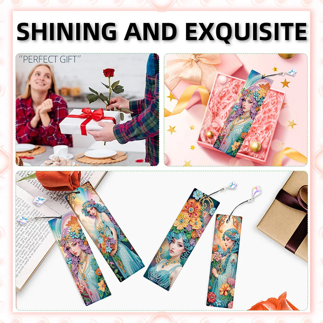 4Pcs Flower Beauty DIY Diamond Bookmark Art Projects Irregular Shaped Diamonds Diamond Painting Art Bookmarks with Crystal Pendants for DIY Making Beginners Adult Art Craft Supplies