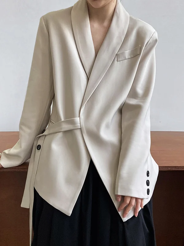 Long Sleeves Loose Asymmetric Buttoned Pockets Solid Color Tied V-Neck Blazer Outerwear