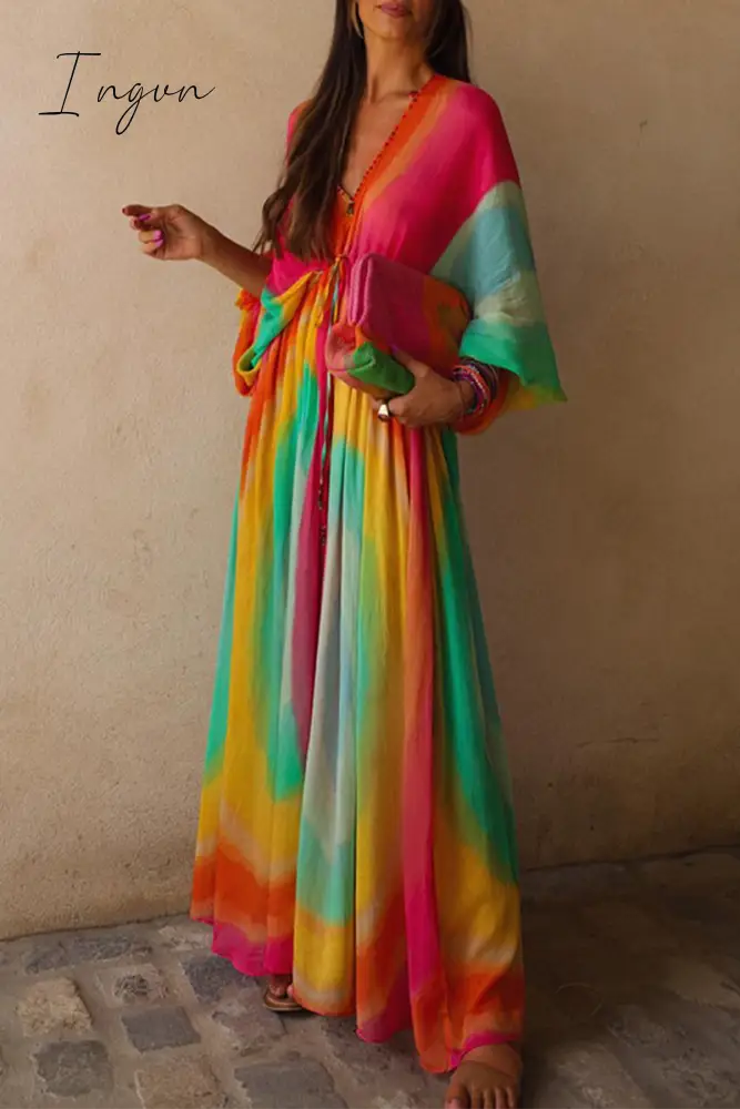 Ingvn - Elegant Gradual Change Contrast V Neck Dresses Gradient Color / S Dresses/Boho