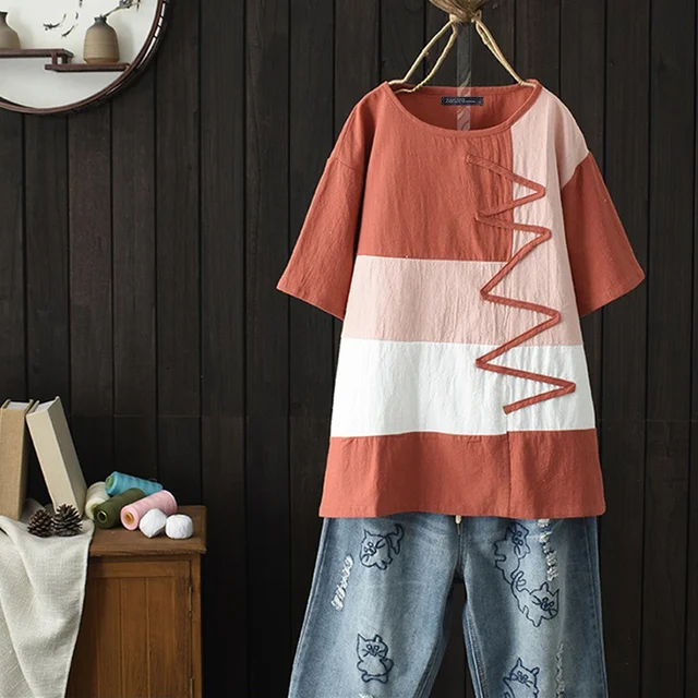 Summer Top Casual Striped Tunic Women&#39;s Linen Blouse Vintage Patchwork Blusas Female O Neck Short Sleeve Shirts Tops