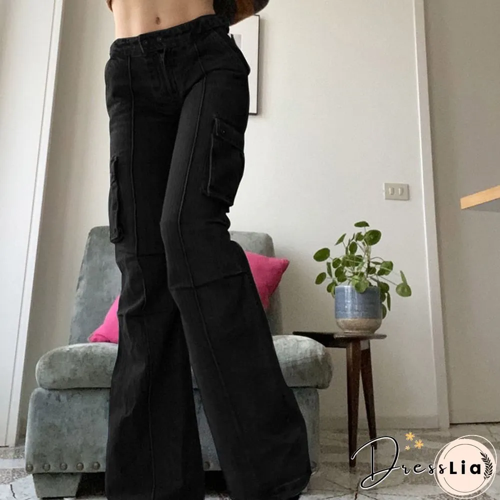 Vintage 90s Womens Casual Streetwear Jeans Baggy Flared Denim Pants Autumn Harajuku Korean