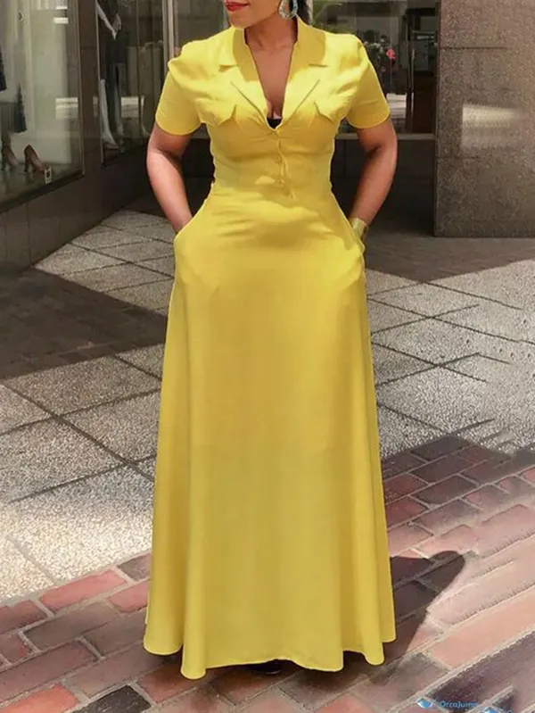 A-Line Loose Buttoned Pockets Solid Color Deep V-Neck Maxi Dresses YELLOW-2XL