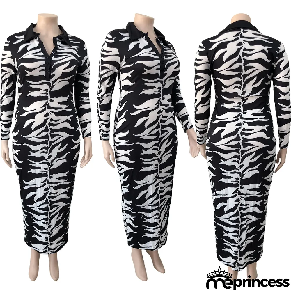Plus Size Printed Long Sleeve Maxi Dress