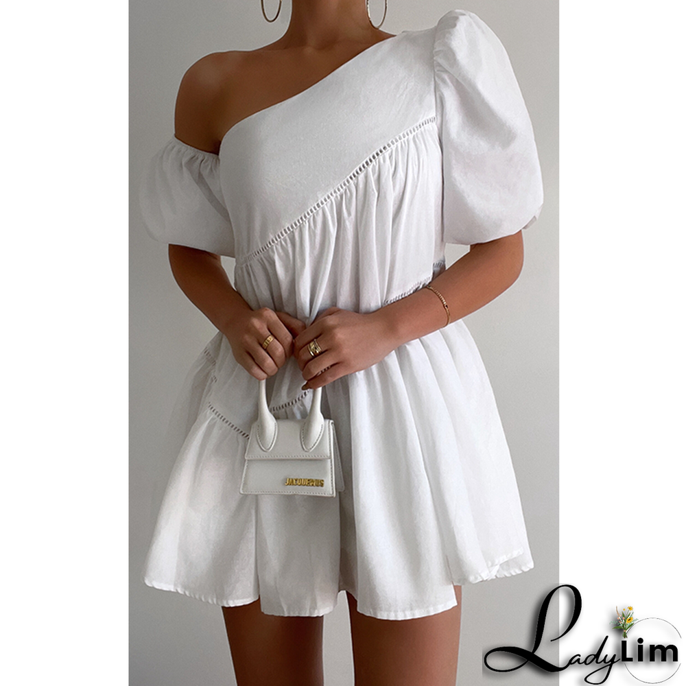 Asymmetrical Trim Puff Sleeve Mini Dress