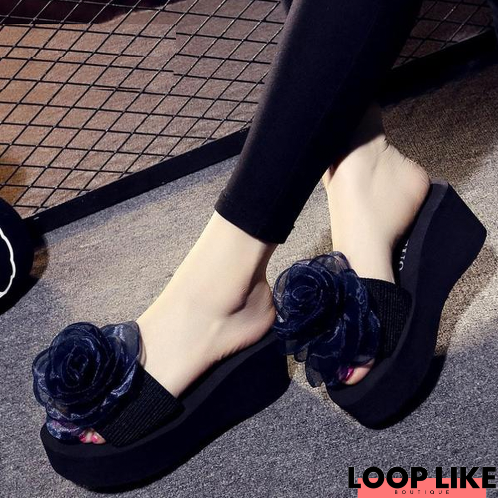 Women Flowers Platform Sandals Slippers High Heel Flip-Flops Beach Shoes