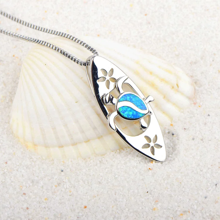 Olivenorma Blue Opal Surfboard Turtle Pendant Necklace