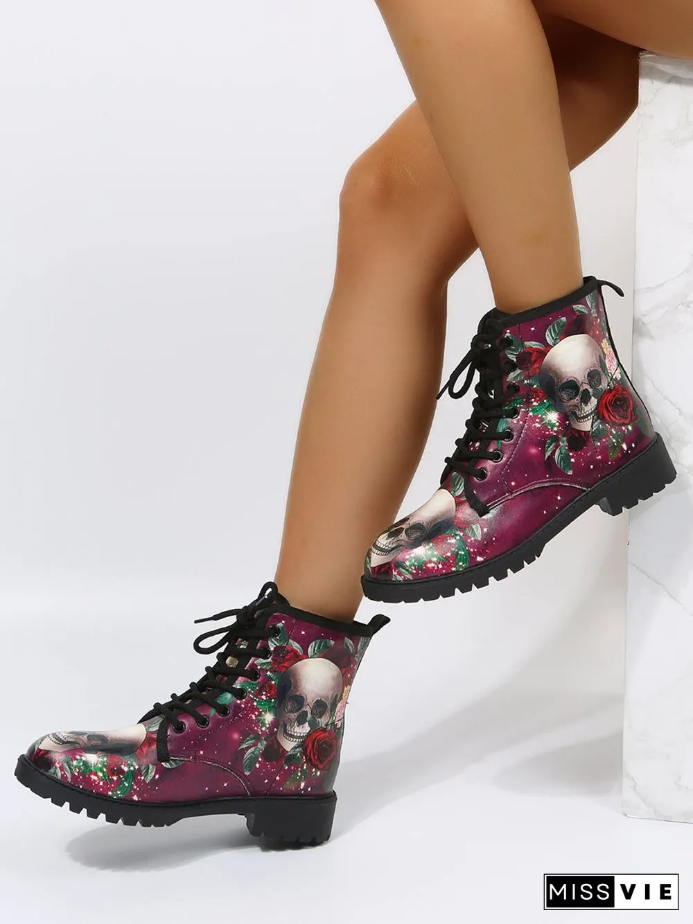 Floral Street All Season Printing Party Low Heel Lace-Up Non-Slip Classic Boots Boots for Women