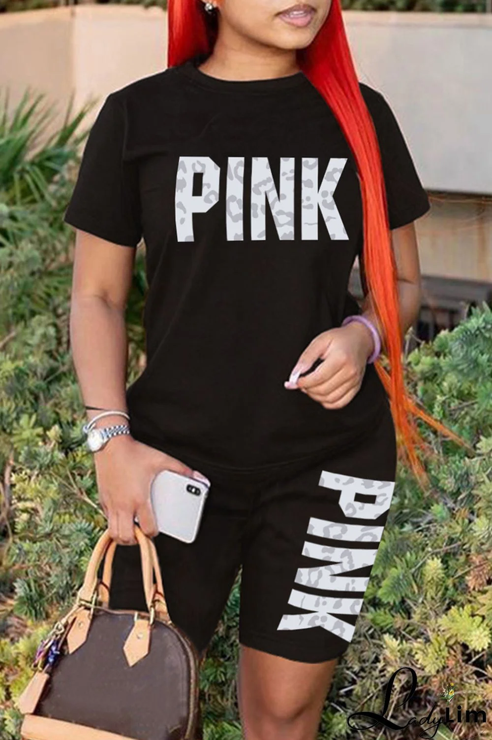 Blue Fashion Casual Letter Print Patchwork O Neck Short Sleeve Two Pieces