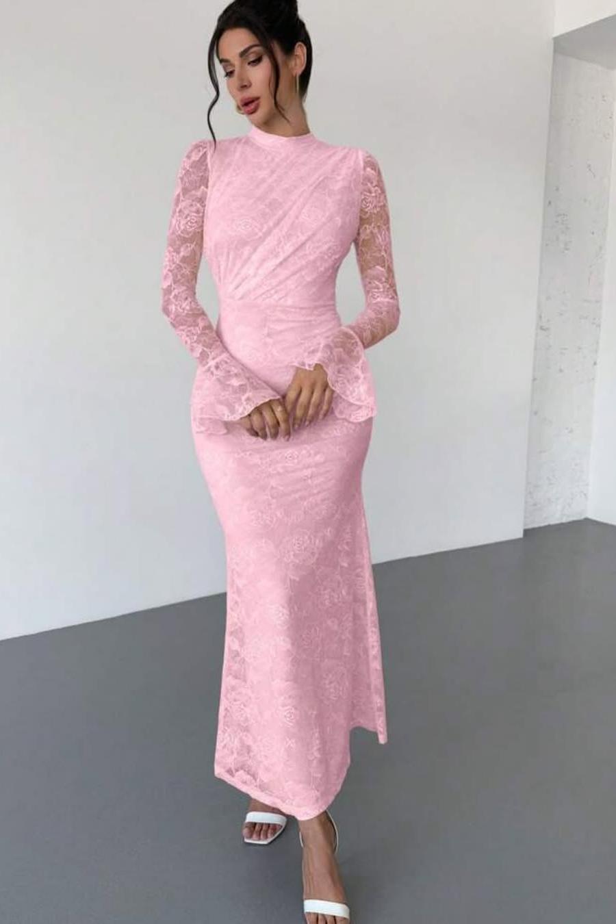 Lussooy Glamorous Lace Pink Floral Half High Neck Long Sleeves Slim Prom Dress 