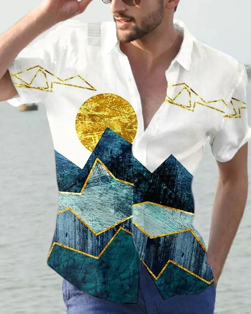 Men's Casual Long Shirt with Landscape Painting