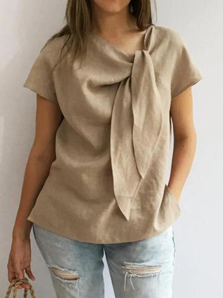 Elegant Bow Knot Solid Linen Tops Blouse Shirts