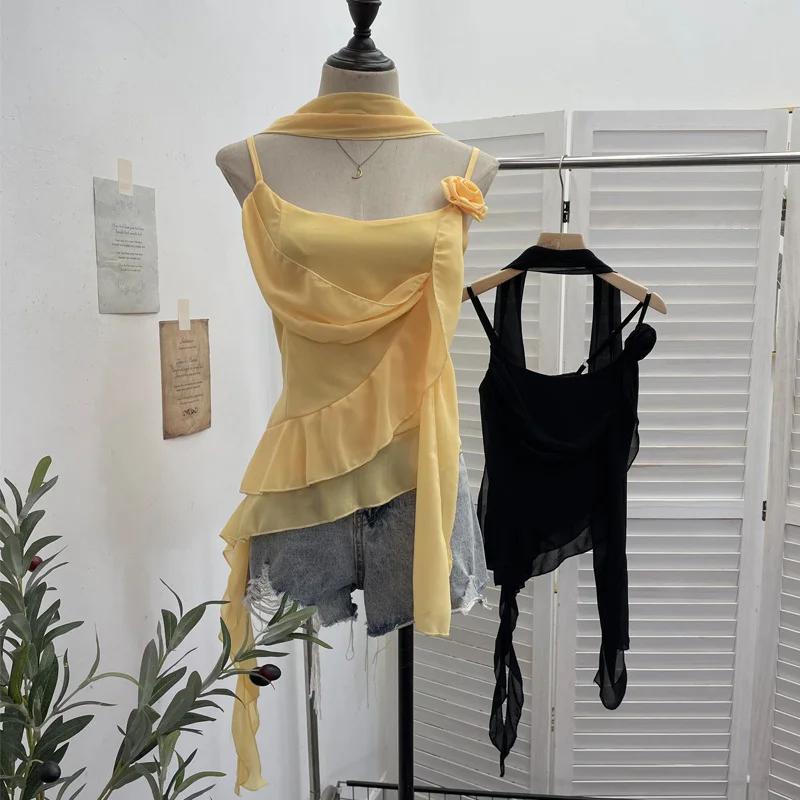 Nigikala Nigikala Irregular Lotus Leaf Edge Ribbon Ribbon Sling Sling Waist Neck Tie With Short Top 9239